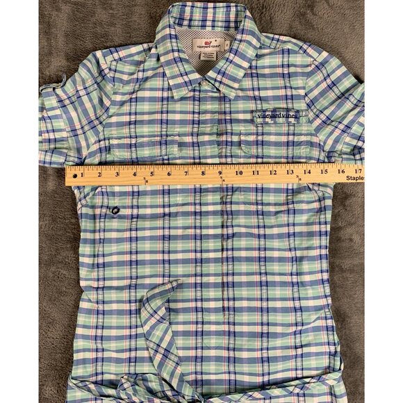 Vineyard Vines Dress Women Size 0 Blue Plaid Shirt Beach Light Vented Preppy - Picture 7 of 9